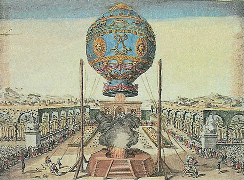 Воздушный шар Монгольфье с бараном, петухом и уткой на борту 