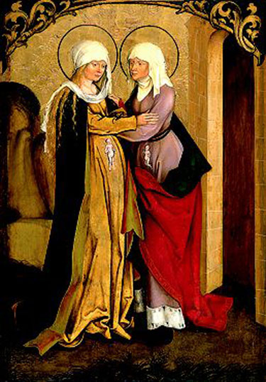 «Встреча Марии и Елизаветы». Якоб Стрюб, около 1505 года. В чревах обеих женщин обозначены будущие Иоанн Креститель и Иисус Христос