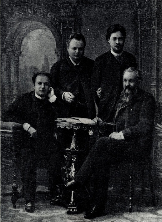 П. М. Свободин, В. Н. Давыдов, А. П. Чехов и А. С. Суворин. Фотография. 1889