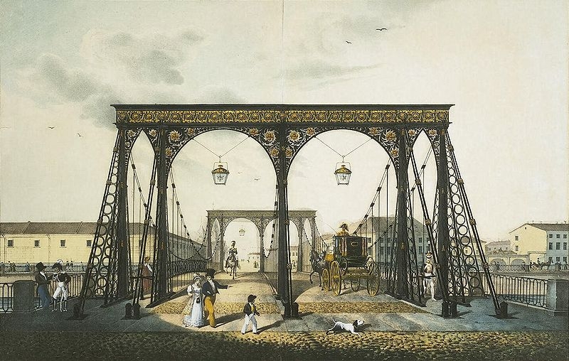 Портал цепного Пантелеймоновского моста. Раскрашенная литография. Карл Беггров, 1824 год