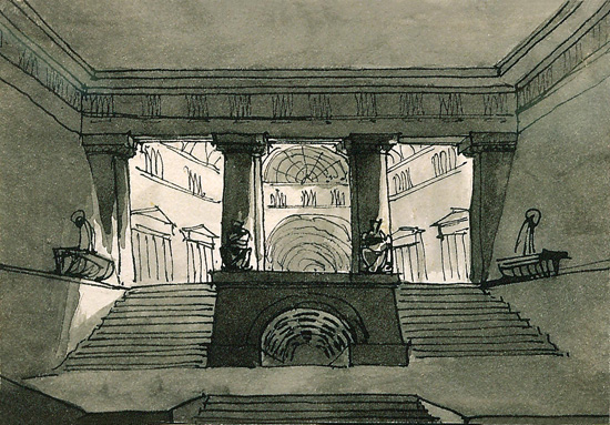 П. Ф. Гонзаго. Крытая галерея с колоннадой и скульптурой при входе. Эскиз декорации