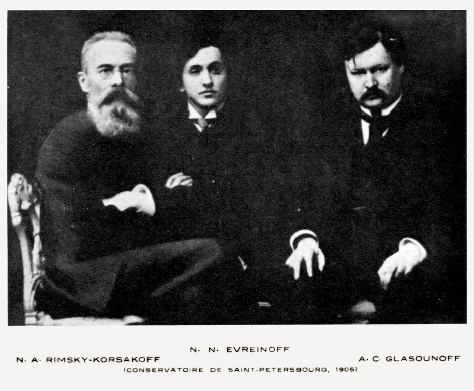 Н. А. Римский-Корсаков, Н. Н. Евреинов и А. К. Глазунов. 1905 год