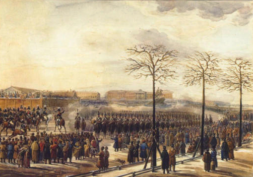 Акварель К. И. Кольмана. 14 декабря 1825 г. на Сенатской площади. 1820-е гг.